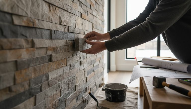 Mur en pierre intérieur : guide complet 2026 : Étape 3 : poser les plaquettes ou les moellons
